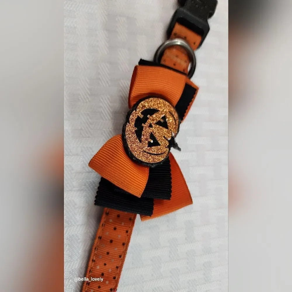 🏖 Dog Collar Spooky Halloween Orange Black Jack O'lantern Bow Dog Collar